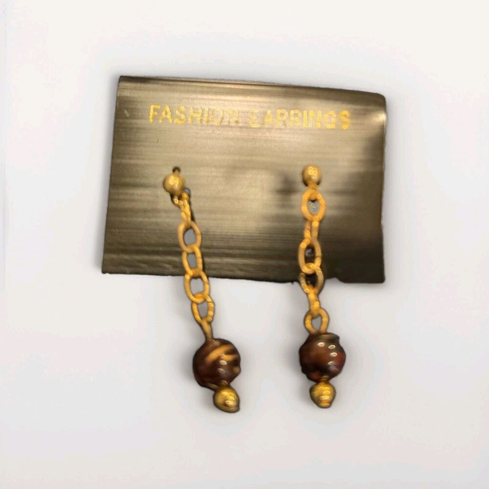 Vintage Gold Tone Brown Tortoiseshell Art Glass Swirl Dangle Drop Earrings